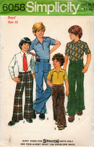 Simplicity 6058 Boys Stretch Body Shirt Jeans & Bell Bottom Pants 1970s Vintage Sewing Pattern Size 12 UNCUT Factory Folded