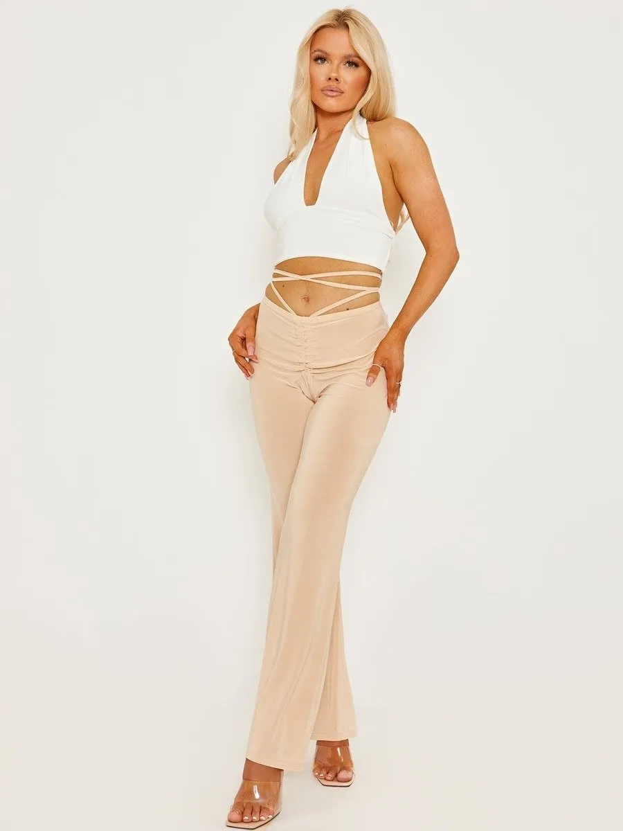 Stone Slinky Ruched Tie Waist Wide Leg Flare Trousers