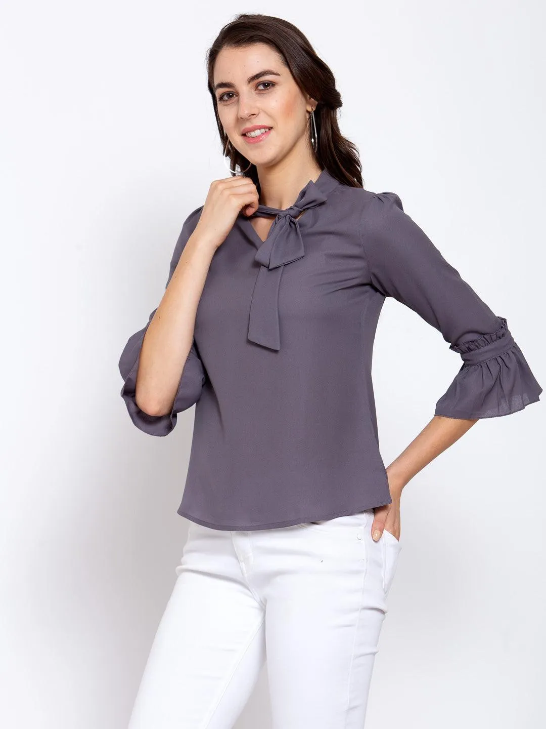 Style Quotient Women Solid Grey Polymoss Regular smart casual Top