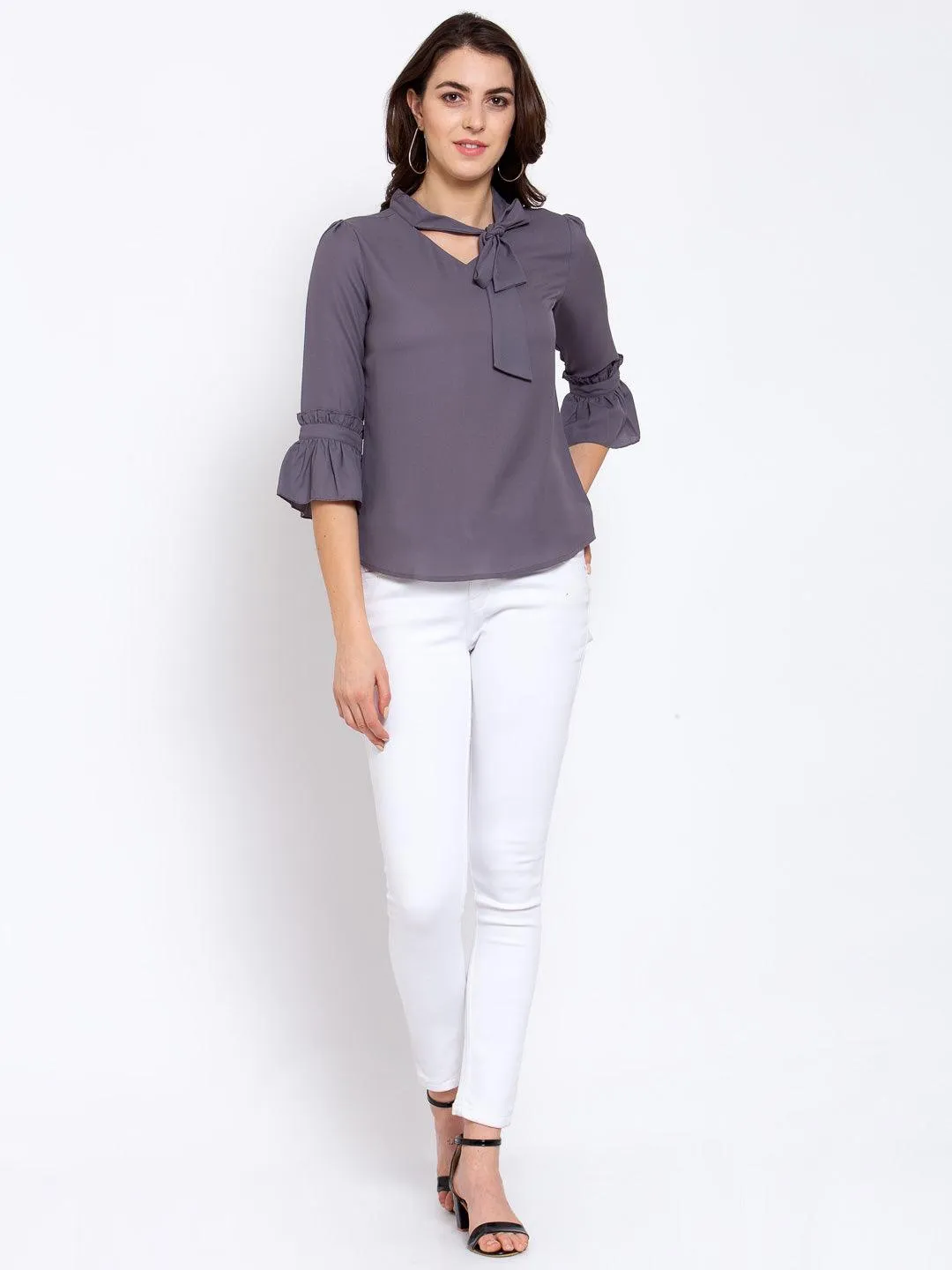 Style Quotient Women Solid Grey Polymoss Regular smart casual Top