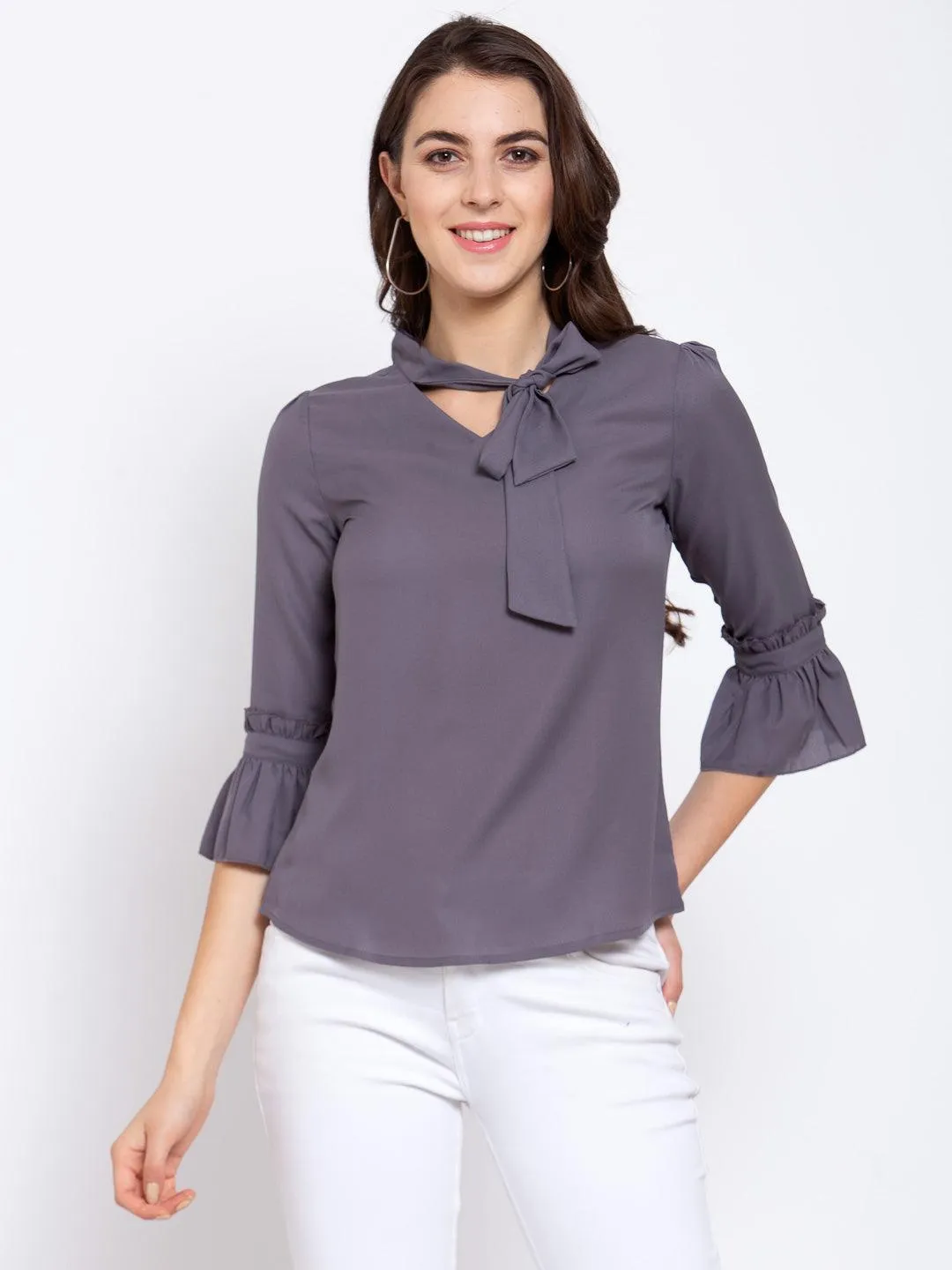 Style Quotient Women Solid Grey Polymoss Regular smart casual Top