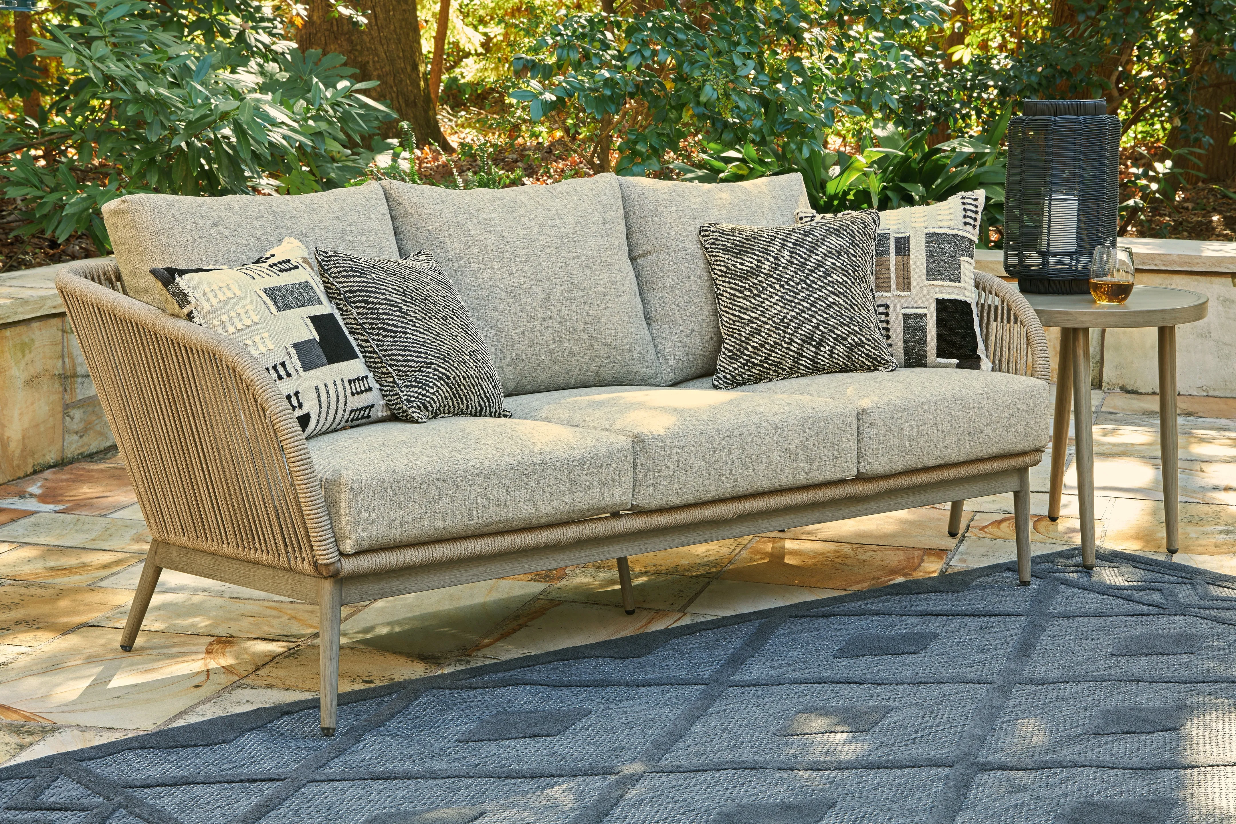 Swiss Valley Outdoor Sofa and  2 Lounge Chairs with Coffee Table and 2 End Tables in Beige