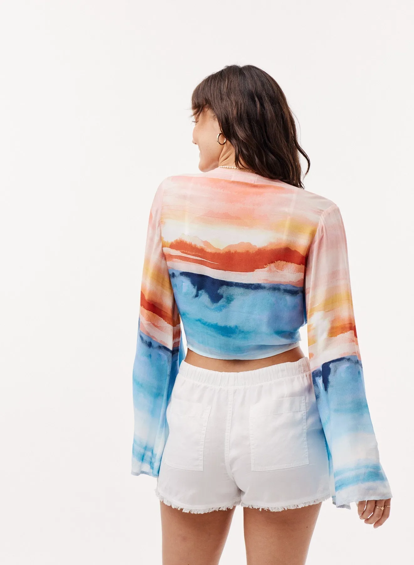 Tie Front Tie-Dye Bell Sleeve Blouse - Horizon Sunset Print