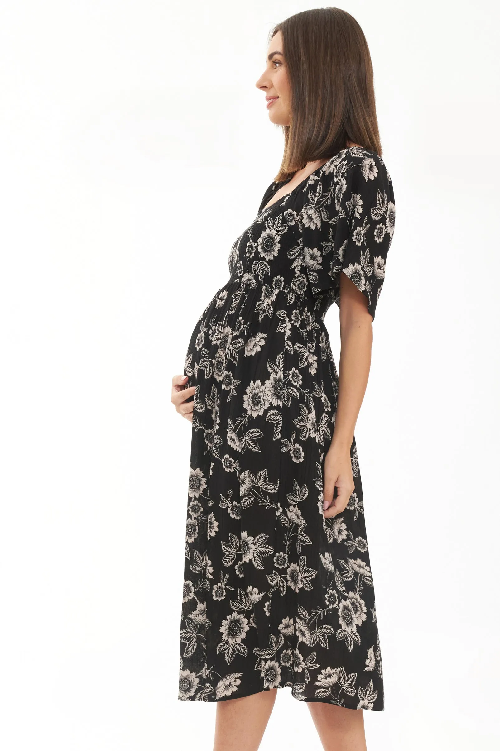 Trina Shirred  Maternity & Nursing Dress Black / Natural