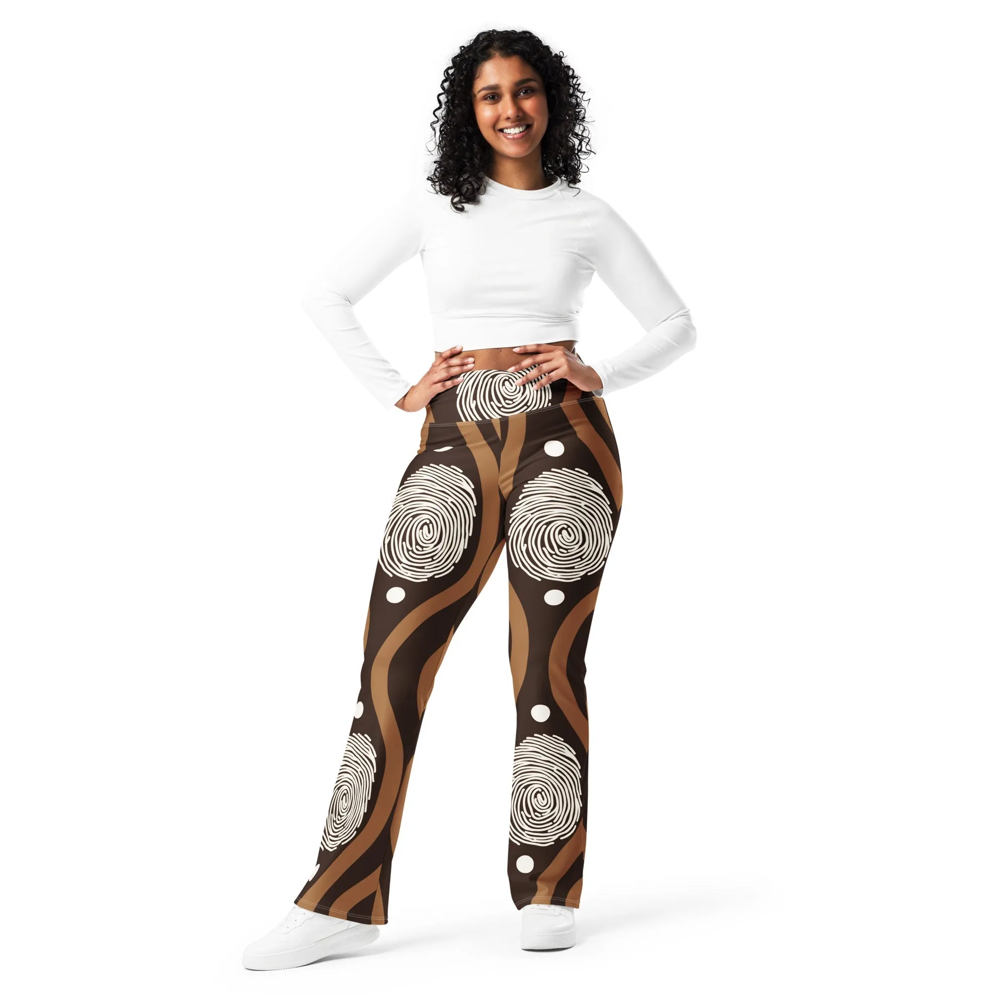 Womens Flare Leggings - Brown White Geometric Lines