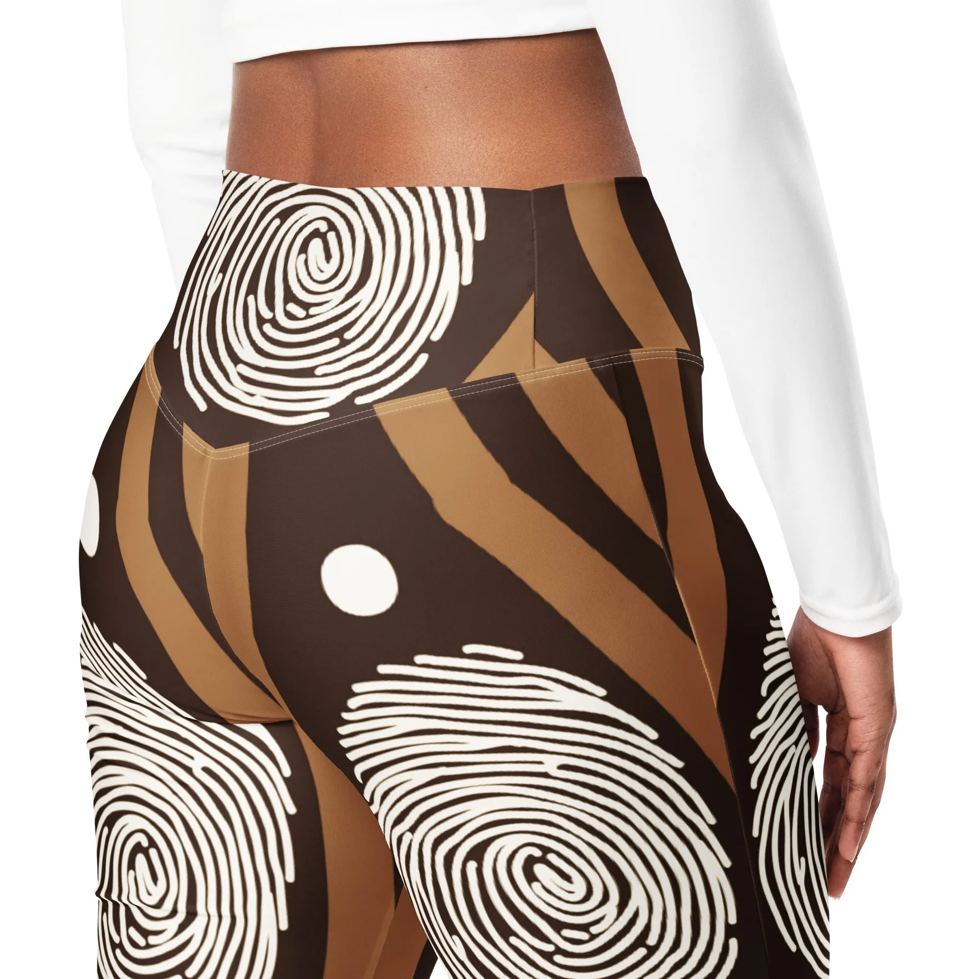 Womens Flare Leggings - Brown White Geometric Lines