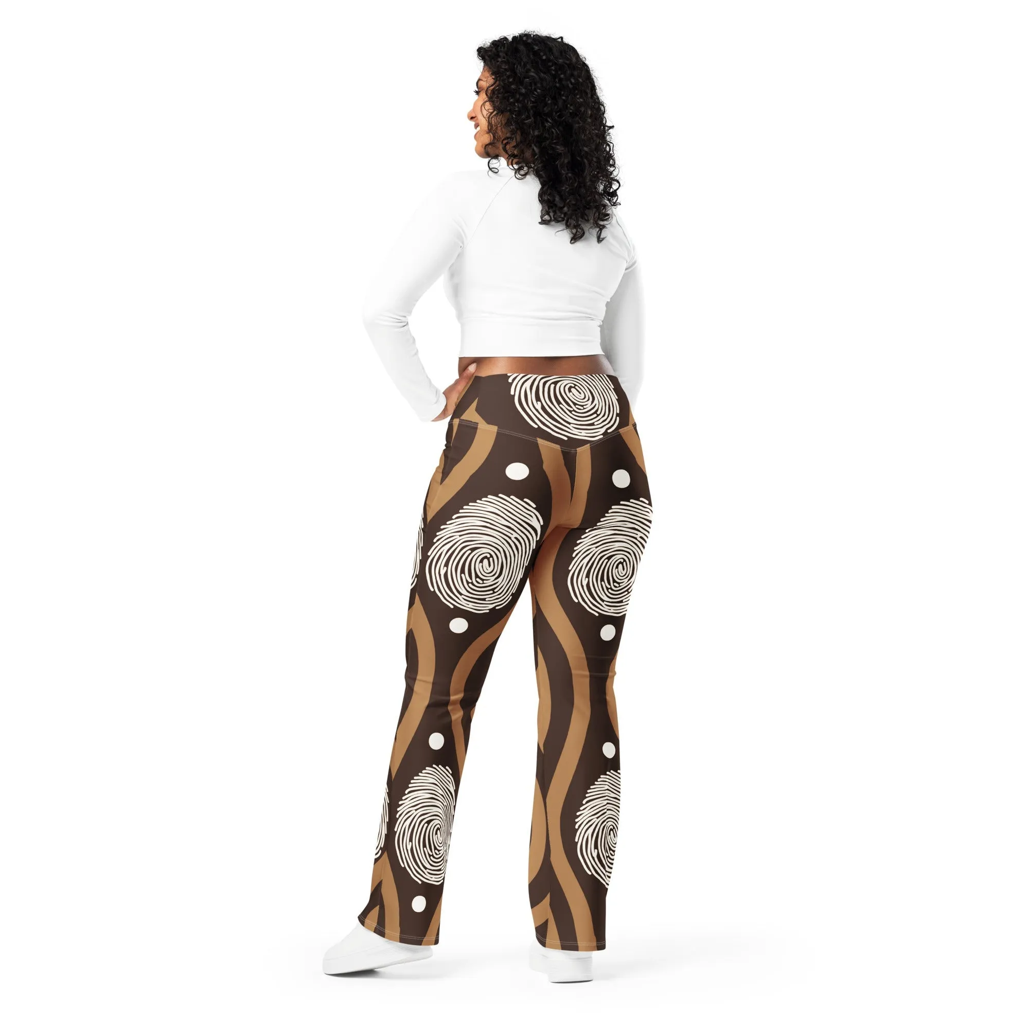 Womens Flare Leggings - Brown White Geometric Lines