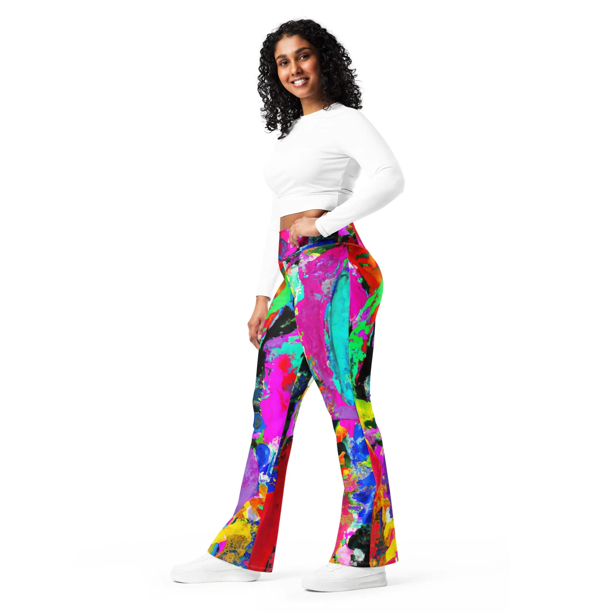 Womens Flare Leggings - Red Multicolor Abstract Print