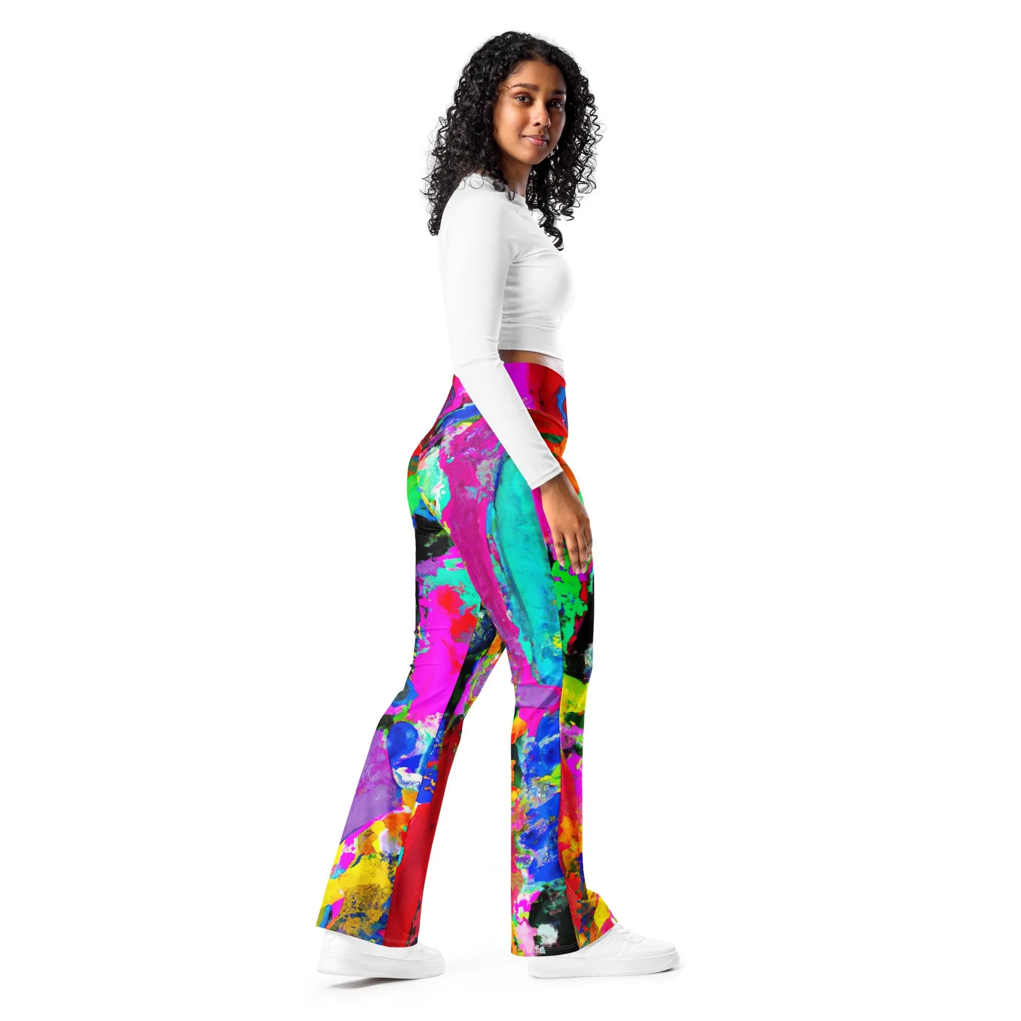 Womens Flare Leggings - Red Multicolor Abstract Print