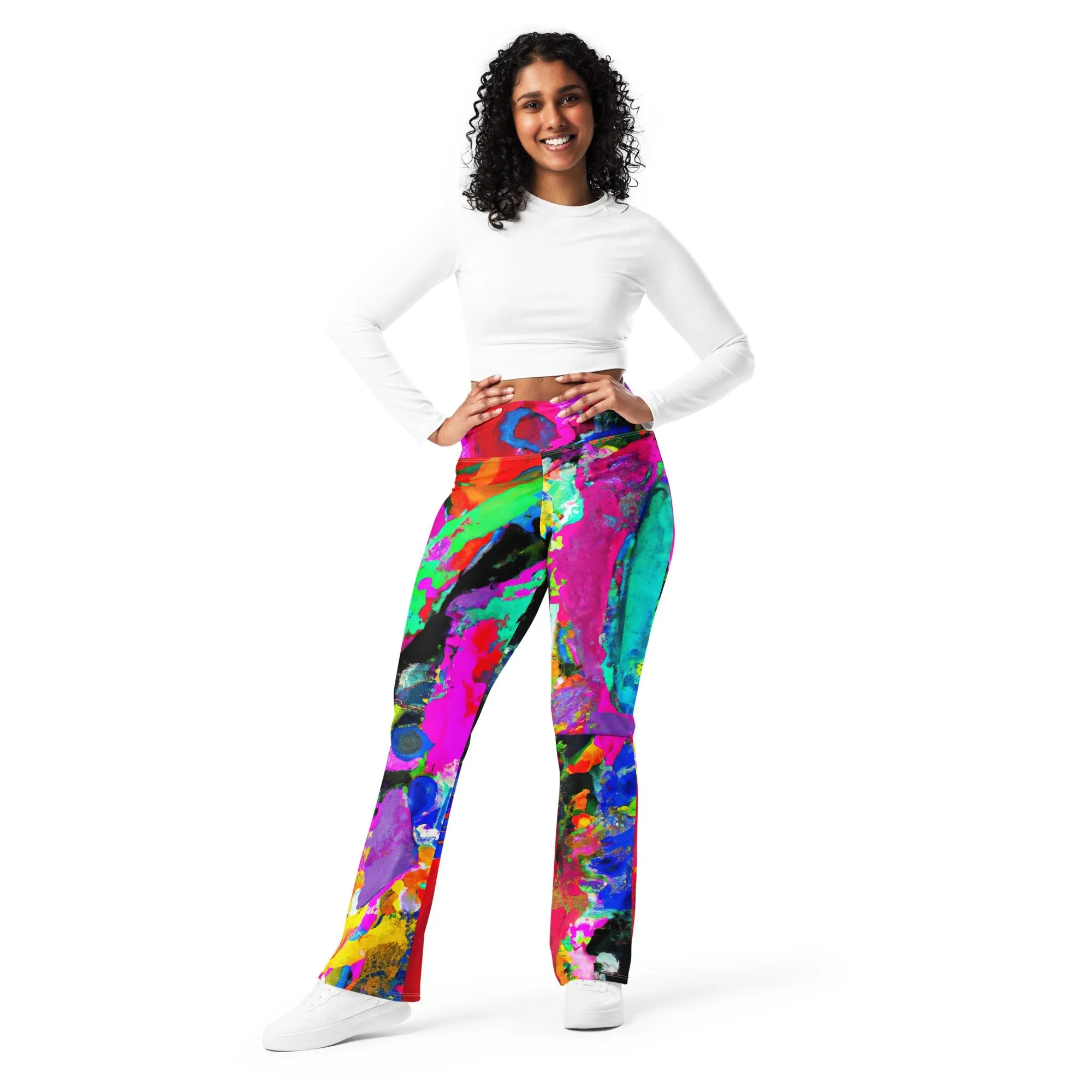 Womens Flare Leggings - Red Multicolor Abstract Print