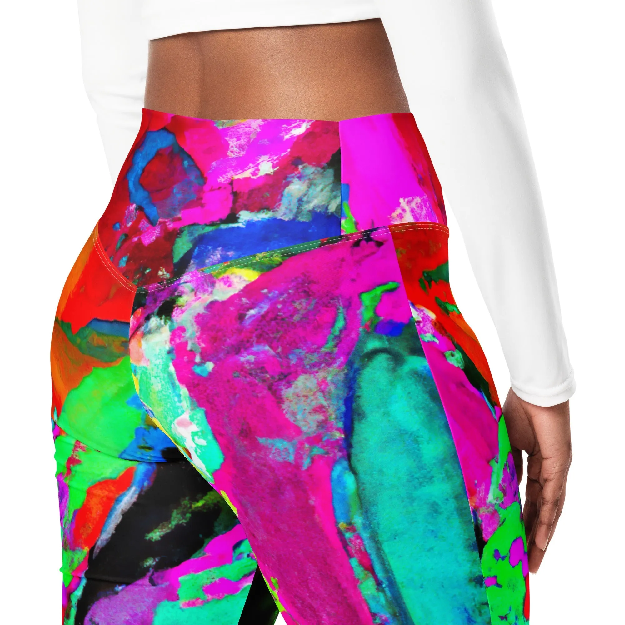 Womens Flare Leggings - Red Multicolor Abstract Print