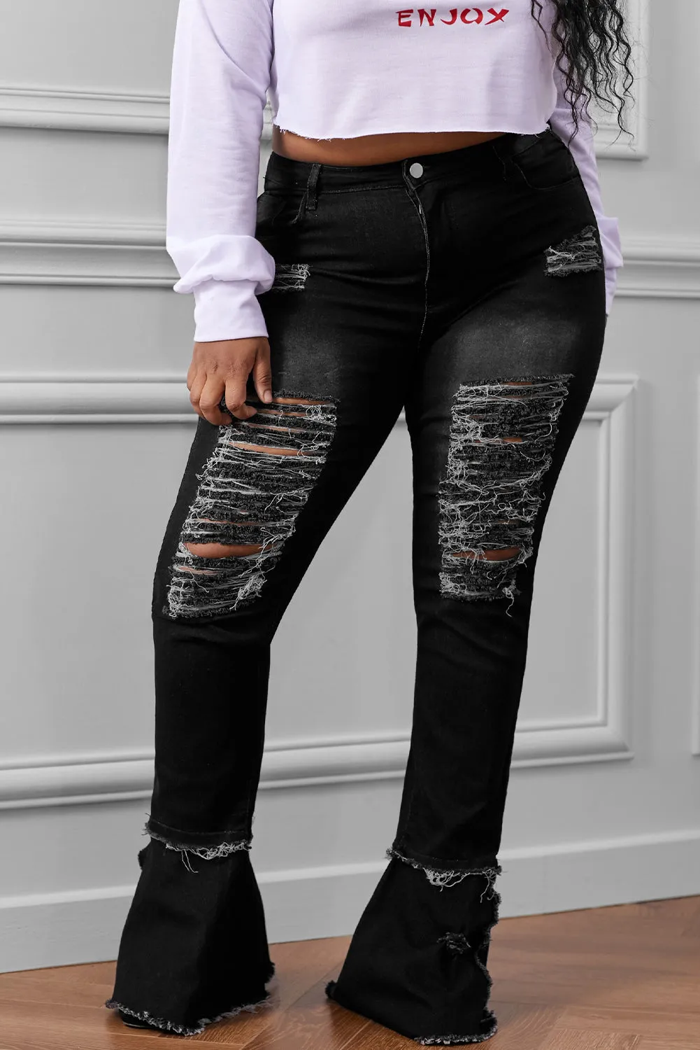 Women's Ripped Denim Pants Casual Bell Bottom Jeans for Women