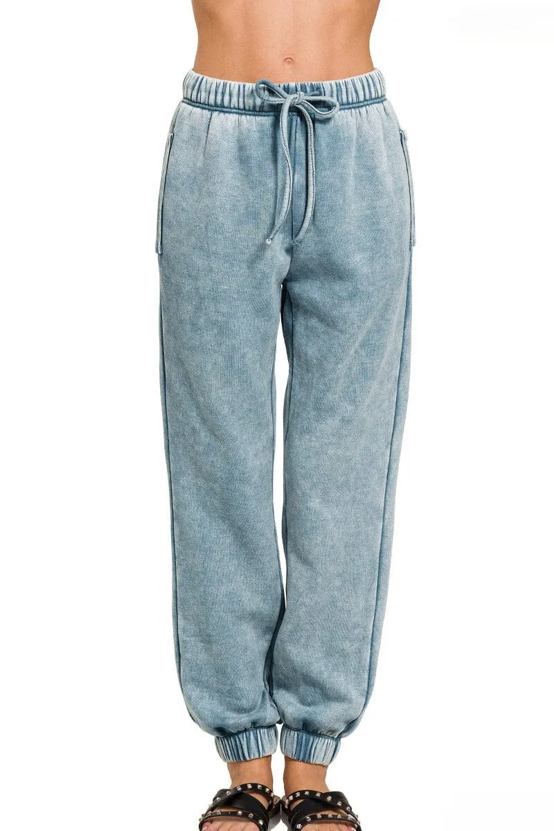 Zenana Acid Wash Fleece Sweatpants with Pockets