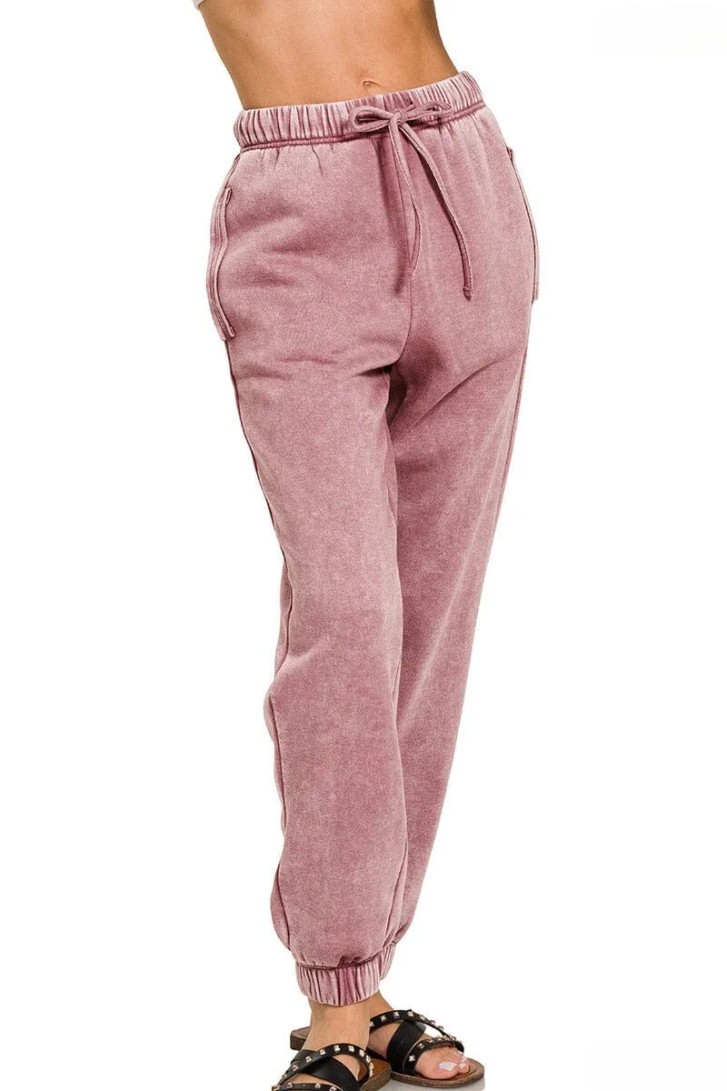 Zenana Acid Wash Fleece Sweatpants with Pockets