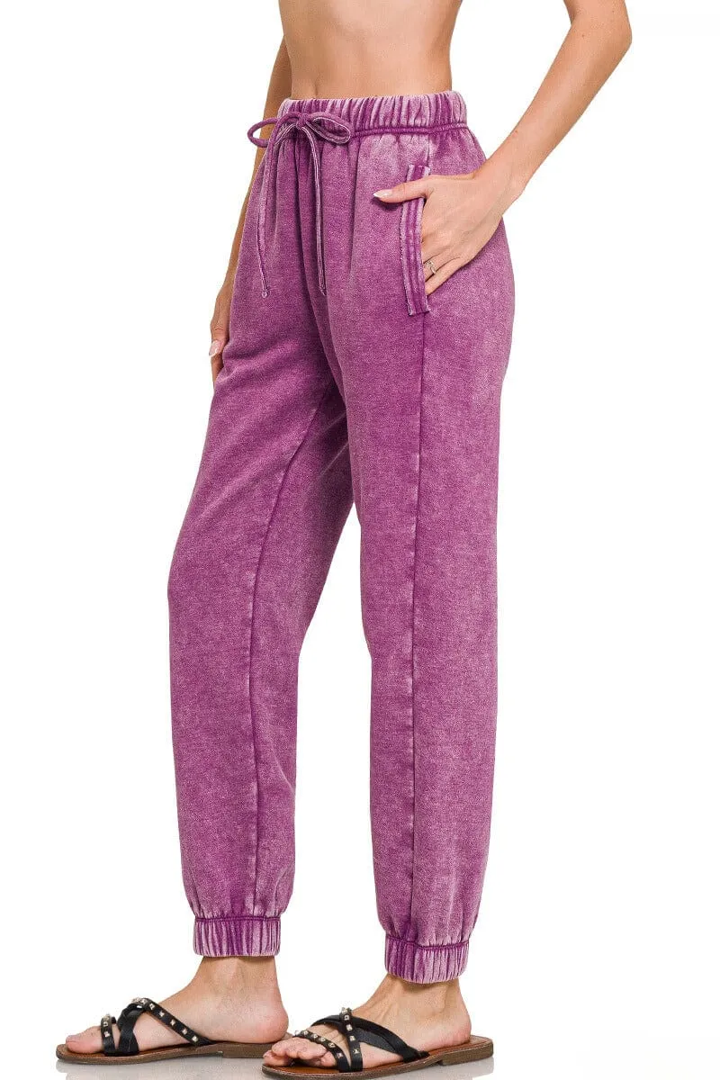 Zenana Acid Wash Fleece Sweatpants with Pockets