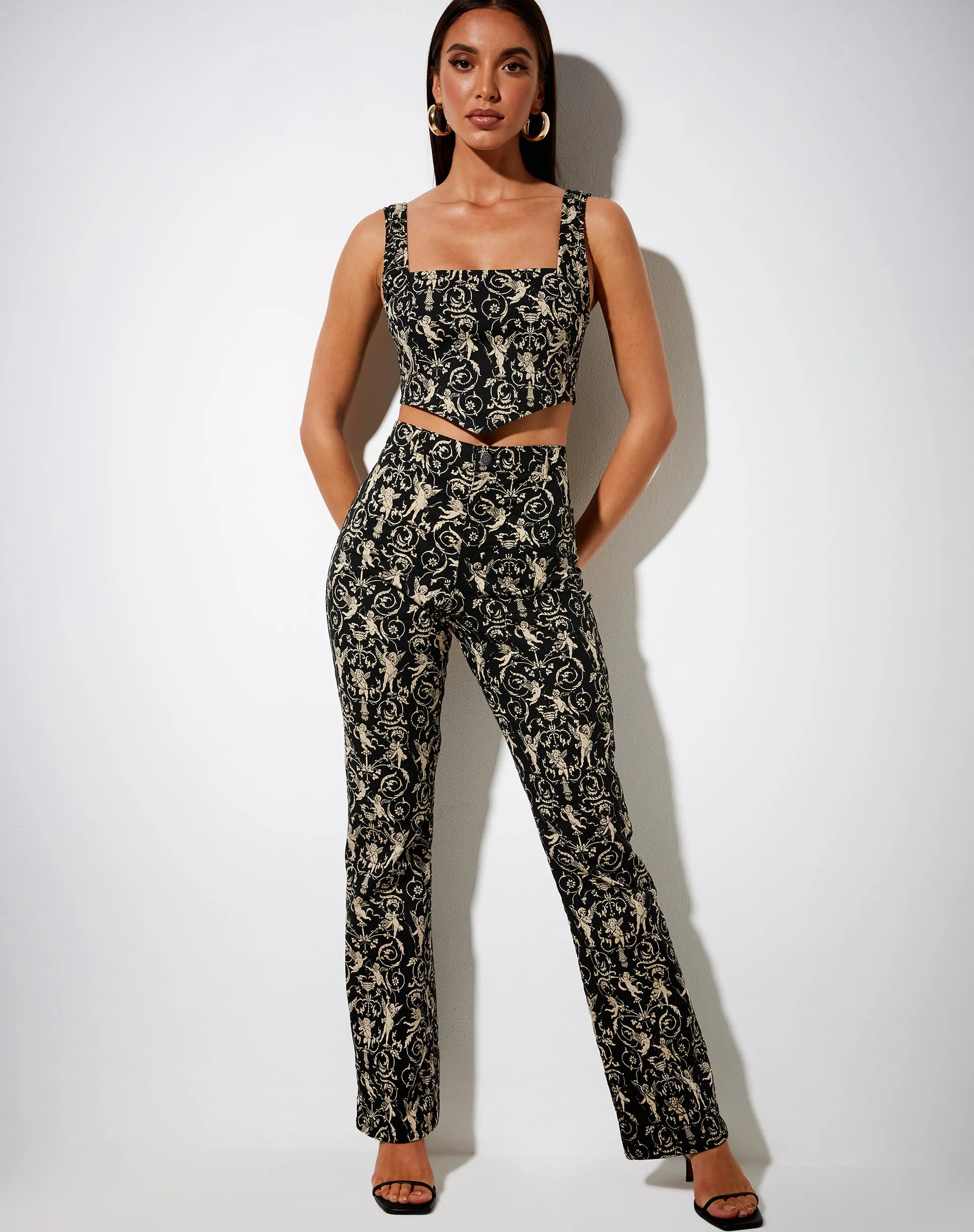 Zoven Flare Trouser in Baroque Cherub Black and Gold